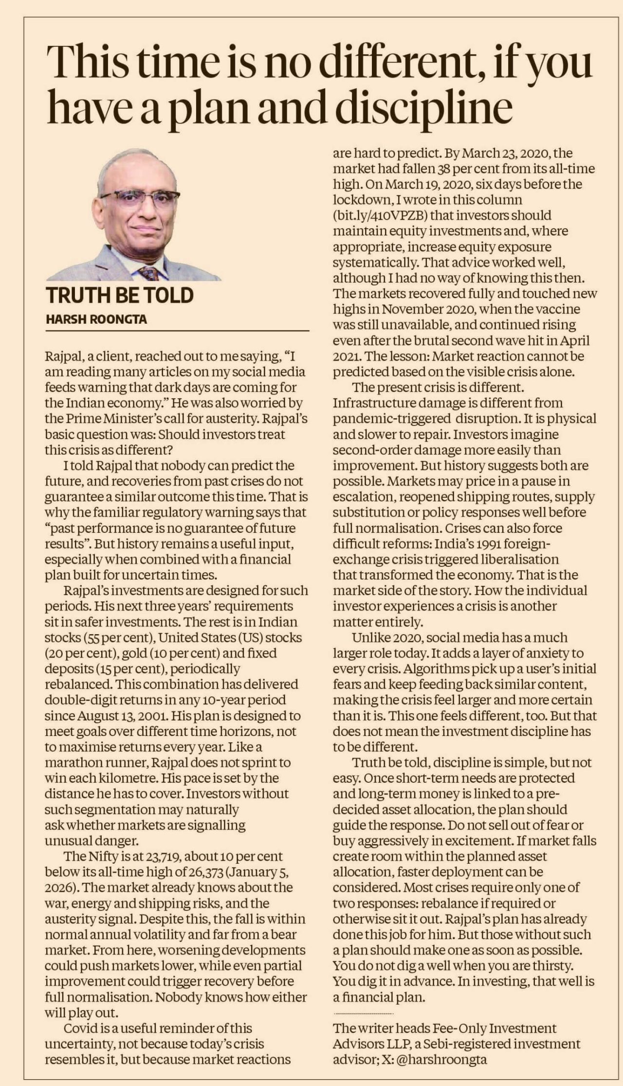 "This time is no different, if you have a plan and discipline" by Harsh Roongta in Truth Be Told column