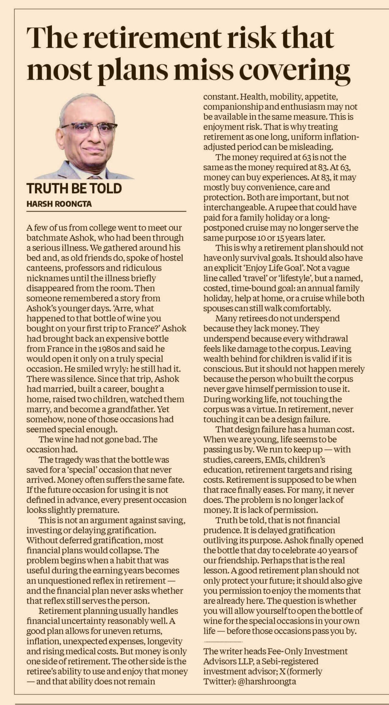 "The retirement risk that most plans miss covering" by Harsh Roongta in Truth Be Told column
